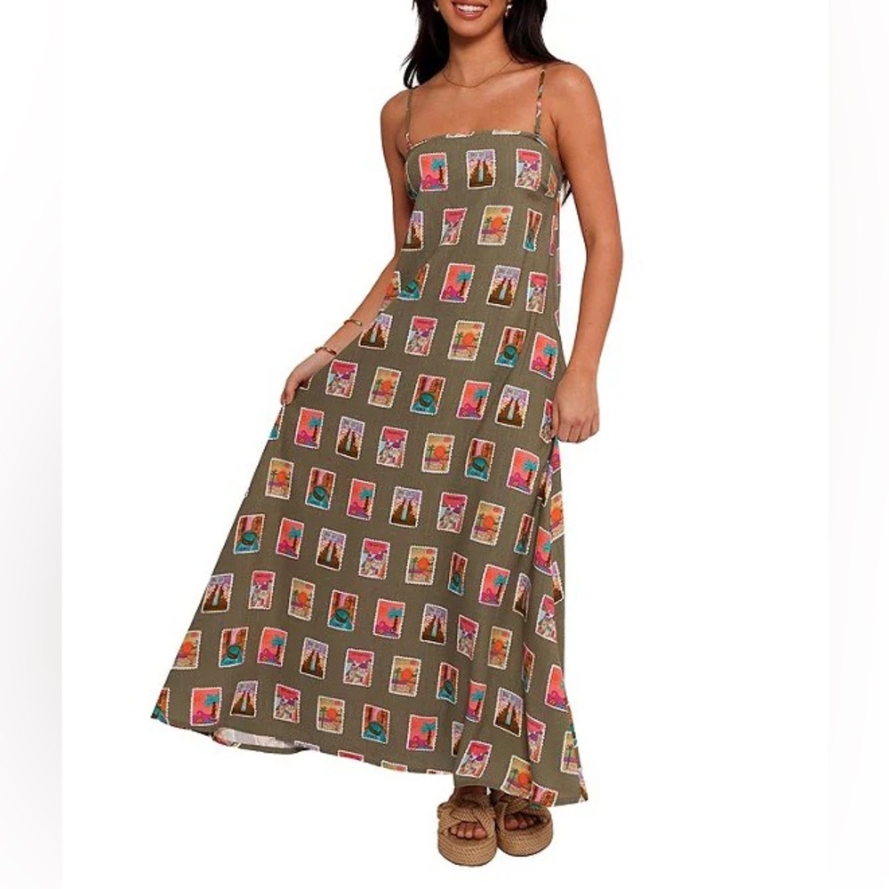 Petal & Pup Olive Maxi Dress with Multicolor Print